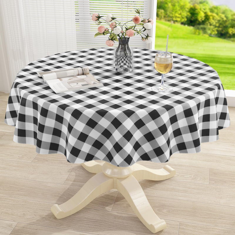 misaya Round Waterproof Vinyl Table Cloth, Buffalo Flannel Backed Tablecloth, Wipeable Plastic Table Cover for Easter, Dinner, Kitchen, Picnic (60", Black and White) - Image 1