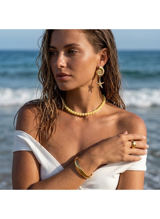 Julia Store 21K Gold Plated Stainless Steel Aesthetic Exquisite Luxury Elegant Dainty Cute Trendy Delicate Modern Dome Tarnish Resistant Comfort Fit Glossy Thick Oval Bangle Bracelet Jewelry Gift For Women - Image 5