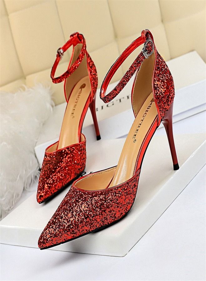 BIGTREE Shallow Pointed Metal High-Heeled Sandals 7.5CM Red 