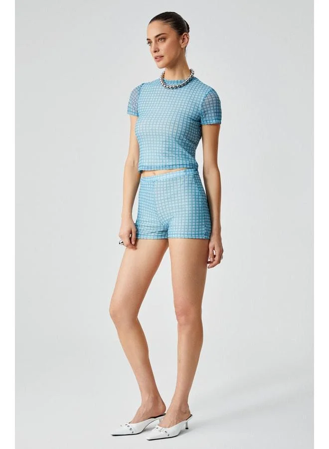 Ethiquet MOJOTO Women's Slim Tulle Striped High-Waist Blue Shorts.