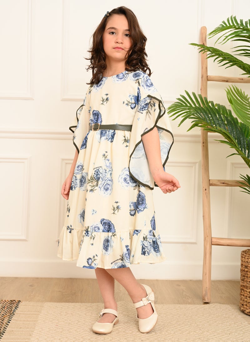 FULL JOY Girls' Dress with  elegant design ,White-Blue - Image 1
