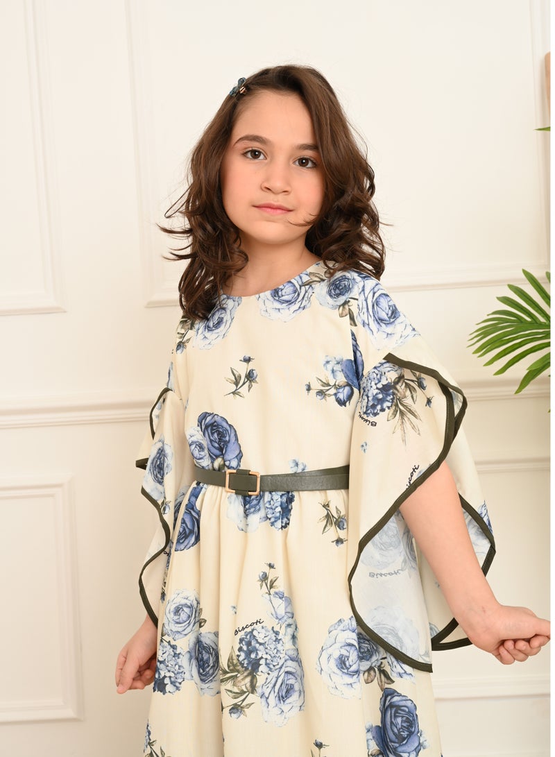 FULL JOY Girls' Dress with  elegant design ,White-Blue - Image 5