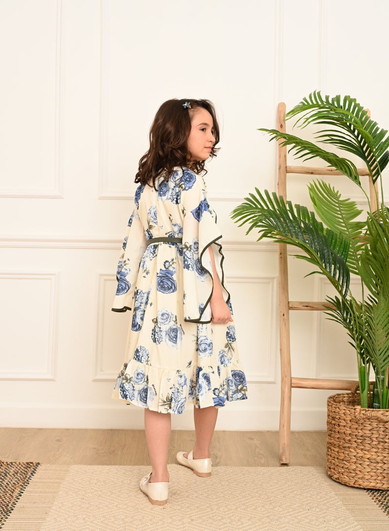 FULL JOY Girls' Dress with  elegant design ,White-Blue - Image 2