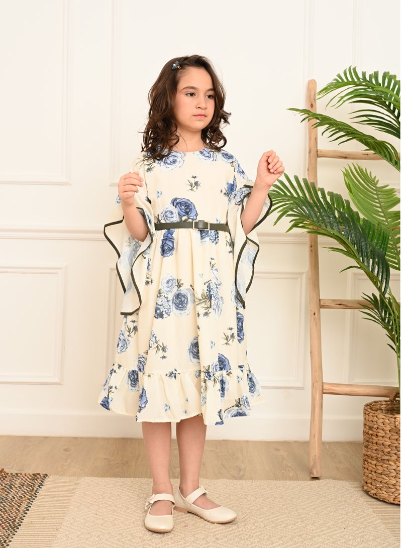 FULL JOY Girls' Dress with  elegant design ,White-Blue - Image 3