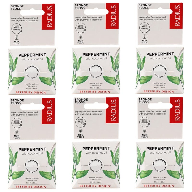 RADIUS Peppermint Dental Floss 55 Yards Vegan and Non-Toxic Oral Care Boost Total Tooth & Gum Protection Clear - Pack of 6