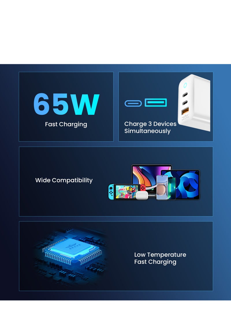 Brave 65W USB-C GaN Charger, 3-Port Fast Charging Adapter for Laptops and Phones, Type-C Wall Plug with 100W Type-C to Type-C Cable and 20W Type-C to Lightning Cable, Compatible with MacBook Pro/Air, HP, Dell, Lenovo, iPhone 16 Pro, Galaxy S25U/S24U, iPad and More  - Image 2
