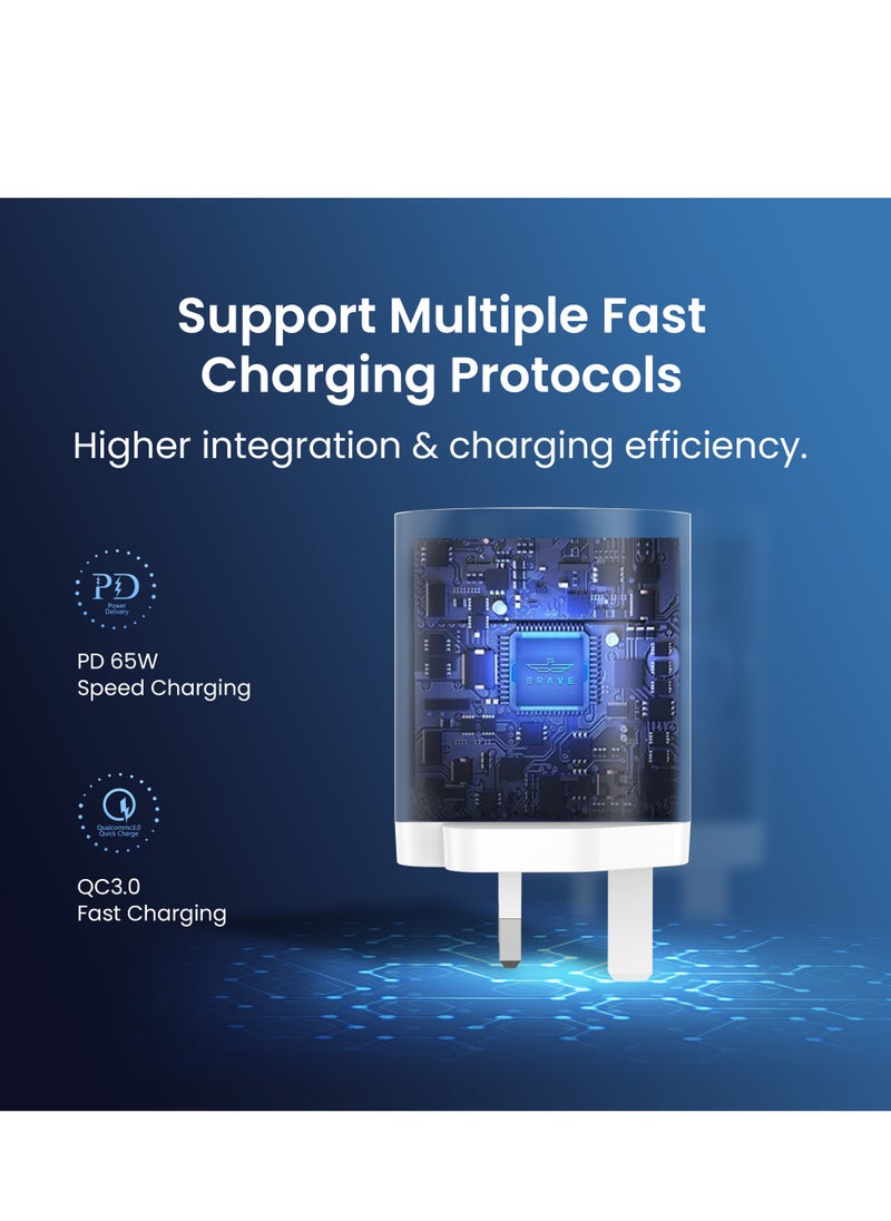 Brave 65W USB-C GaN Charger, 3-Port Fast Charging Adapter for Laptops and Phones, Type-C Wall Plug with 100W Type-C to Type-C Cable and 20W Type-C to Lightning Cable, Compatible with MacBook Pro/Air, HP, Dell, Lenovo, iPhone 16 Pro, Galaxy S25U/S24U, iPad and More  - Image 5