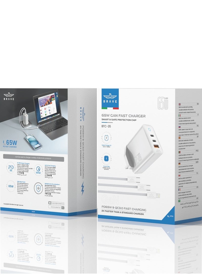 65W USB-C GaN Charger, 3-Port Fast Charging Adapter for Laptops and Phones, Type-C Wall Plug with 100W Type-C to Type-C Cable and 20W Type-C to Lightning Cable, Compatible with MacBook Pro/Air, HP, Dell, Lenovo, iPhone 16 Pro, Galaxy S25U/S24U, iPad and More