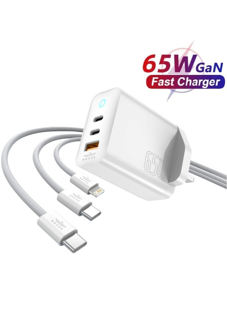 Brave 65W USB C GaN 3-Port Fast Charging Adapter with 100W Type C Cable and 20W Type-C to Lightning Cable – High-Speed ​​Wall Charger for MacBook Pro/Air, HP, Dell, Lenovo Laptops, iPhone Air, 17/17 Pro/17 Pro Max, iPhone 16/15/14/13/12 Series, Galaxy S25/S24/S23/S22 Ultra, iPad Air/Pro, Tablets and USB-C Devices - Image 1