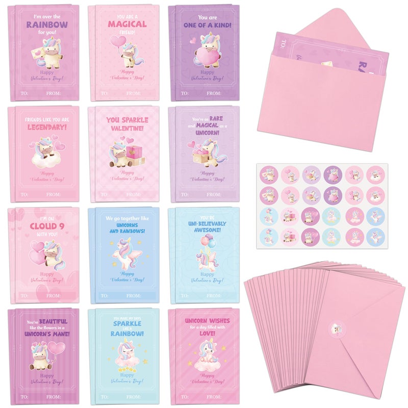 TICIAGA 72pcs Valentine's Day Unicorn Greeting Card with Envelop and Stickers for Kids, Charming Design Unicorn Notecard Gift Cards for Boys and Girls School Classroom Exchange, Valentines Party Favor - Image 1