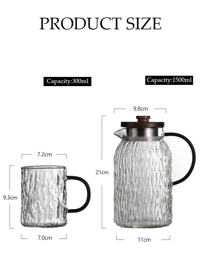 DUNISO 1.5L Glass Tree Pattern Water Bottle With One Cup, Glass Water Bottle Set, With Solid Wood Lid, Large Heat Resistant Glass Water Bottle With Handle, Suitable For Hot/Cold Drinks - Water, Tea, Juice, Sangria, Cocktails, Cold Brew, Milk, Coffee, Etc., Juice Jug, Large Capacity Glacier Pattern Glass Cooler  - Image 2