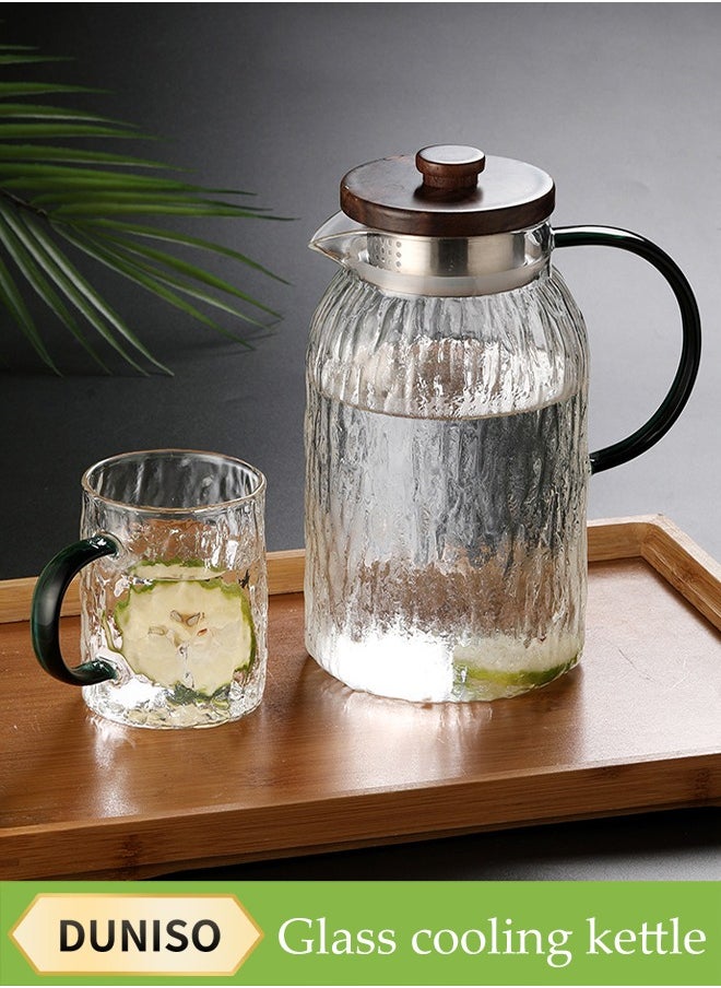 DUNISO 1.5L Glass Tree Pattern Water Bottle With One Cup, Glass Water Bottle Set, With Solid Wood Lid, Large Heat Resistant Glass Water Bottle With Handle, Suitable For Hot/Cold Drinks - Water, Tea, Juice, Sangria, Cocktails, Cold Brew, Milk, Coffee, Etc., Juice Jug, Large Capacity Glacier Pattern Glass Cooler  - Image 1