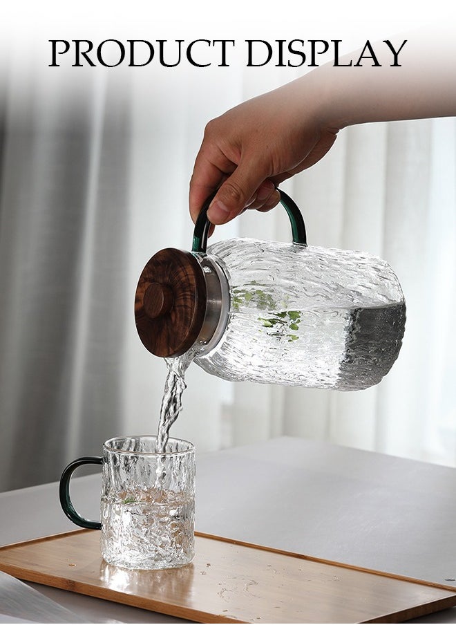 DUNISO 1.5L Glass Tree Pattern Water Bottle With One Cup, Glass Water Bottle Set, With Solid Wood Lid, Large Heat Resistant Glass Water Bottle With Handle, Suitable For Hot/Cold Drinks - Water, Tea, Juice, Sangria, Cocktails, Cold Brew, Milk, Coffee, Etc., Juice Jug, Large Capacity Glacier Pattern Glass Cooler  - Image 5