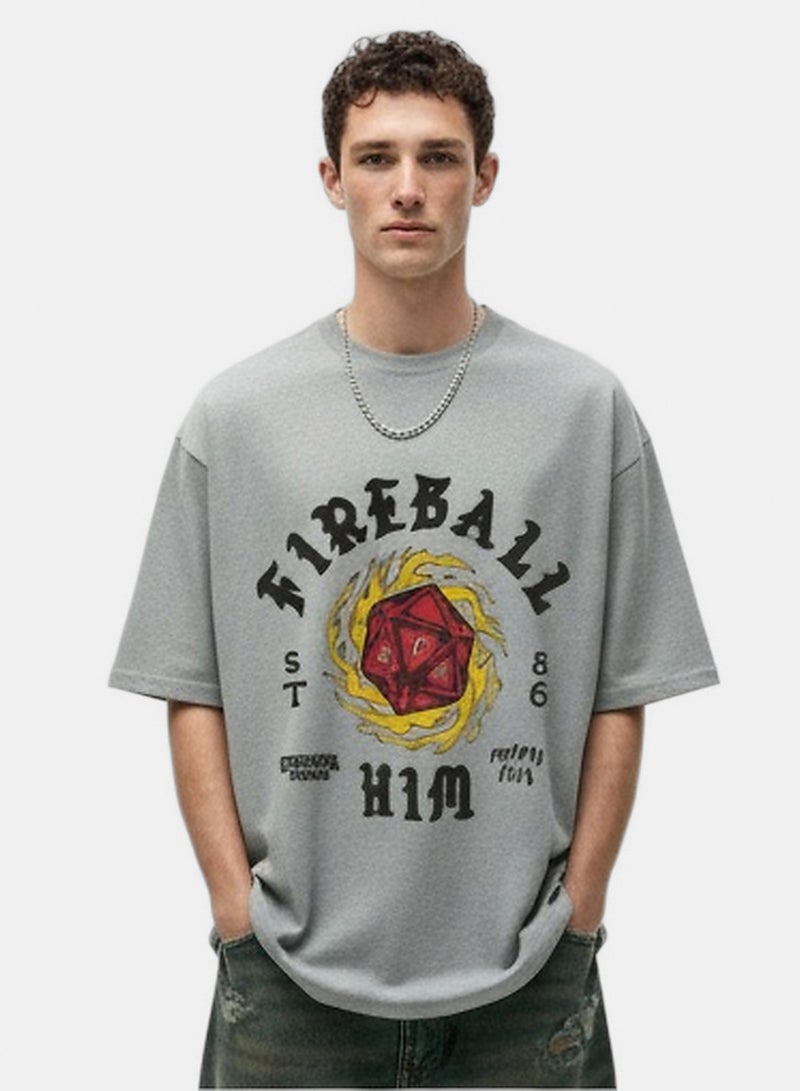 RAVIN Men Grey Fireball Graphic Oversized T-Shirt - Image 1