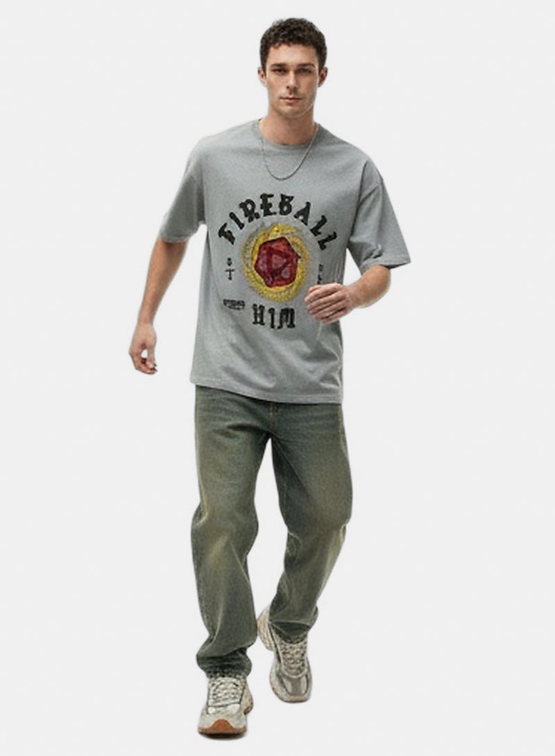 RAVIN Men Grey Fireball Graphic Oversized T-Shirt - Image 3