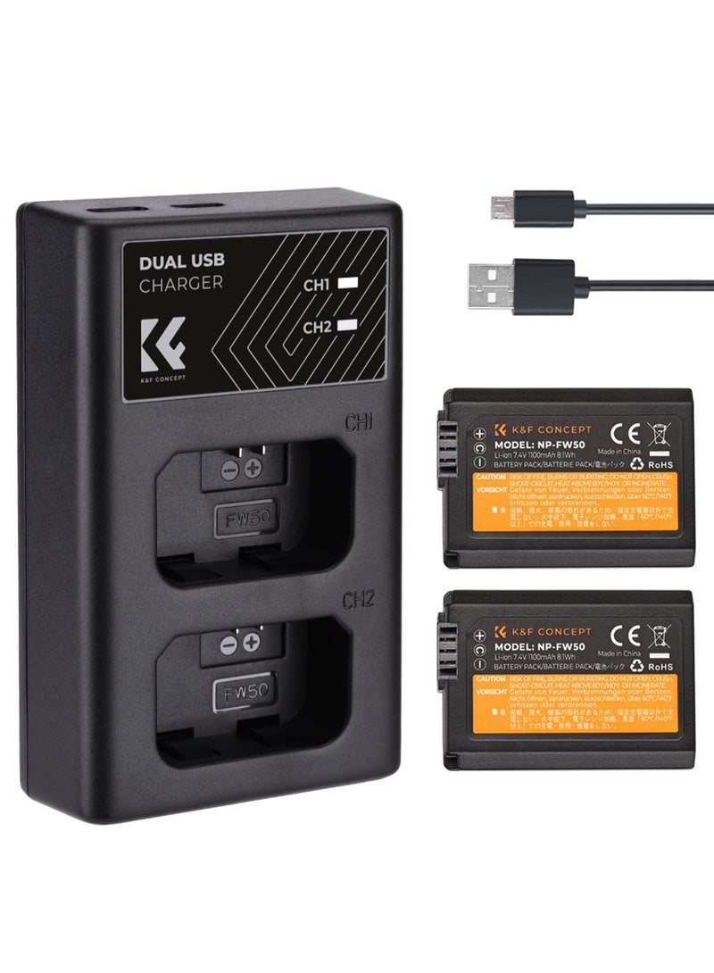 K&F Concept KF28.0015 Dual NP-FW50 Camera Battery Kit with USB Charger – 2x 1100mAh Rechargeable Batteries for Sony Alpha A6000 Series & NEX Cameras - Image 1