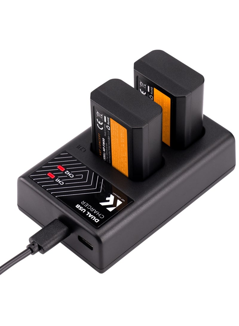 K&F Concept KF28.0015 Dual NP-FW50 Camera Battery Kit with USB Charger – 2x 1100mAh Rechargeable Batteries for Sony Alpha A6000 Series & NEX Cameras - Image 2