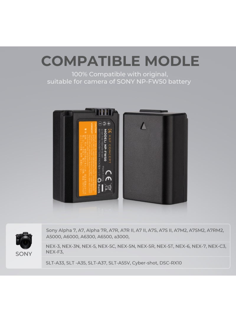 K&F Concept KF28.0015 Dual NP-FW50 Camera Battery Kit with USB Charger – 2x 1100mAh Rechargeable Batteries for Sony Alpha A6000 Series & NEX Cameras - Image 5