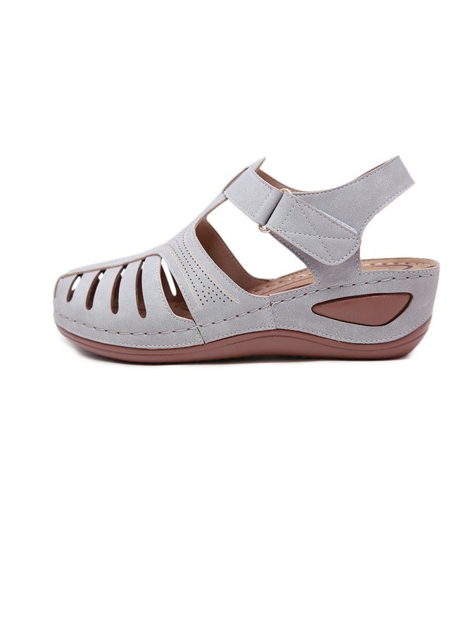 Loquat Women's Closed Toe Retro Thick Soled Non Slip Wedge Sandals Summer Platform Shoes Grey - Image 3