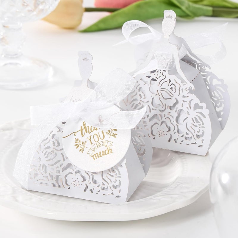AdasBridal عبوة من 50 صندوق هدايا حلوى أبيض، صناديق هدايا صغيرة مع بطاقة شكر، نقش سيدة، شرائط، صناديق هدايا حفلات إبداعية لديكورات الزفاف، حفلة الزفاف، حفلة الكوينس، حفلة عيد الميلاد السادس عشر، حفلة عيد الميلاد - Image 3