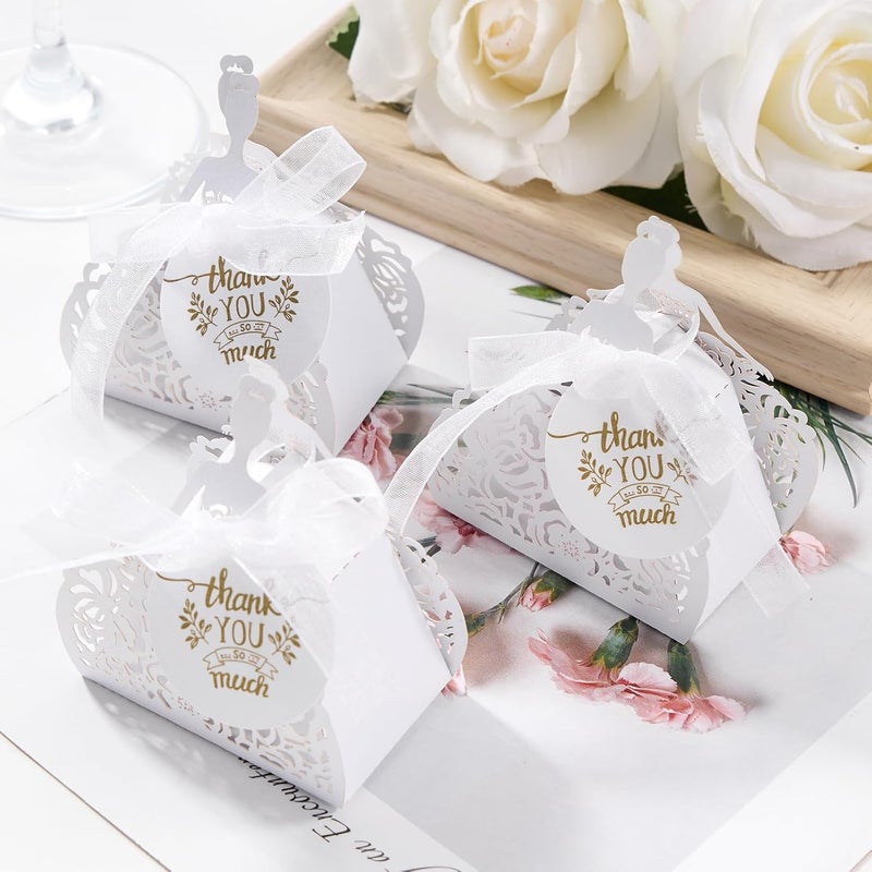 AdasBridal عبوة من 50 صندوق هدايا حلوى أبيض، صناديق هدايا صغيرة مع بطاقة شكر، نقش سيدة، شرائط، صناديق هدايا حفلات إبداعية لديكورات الزفاف، حفلة الزفاف، حفلة الكوينس، حفلة عيد الميلاد السادس عشر، حفلة عيد الميلاد - Image 5