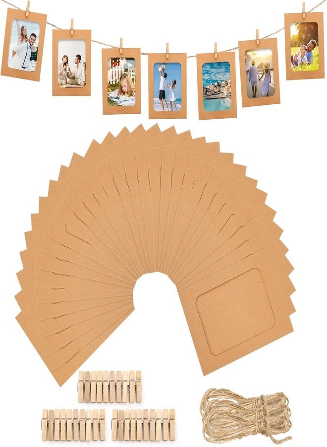 Prescent Paper Photo Frames with Clips and Twine, Brown, 4.5 x 6 Inch, 30 Frames with 30 Wooden Clips and 3pc Jute Rope 2 meters each, Hanging Display Set (Brown - 30pc set) - Image 1