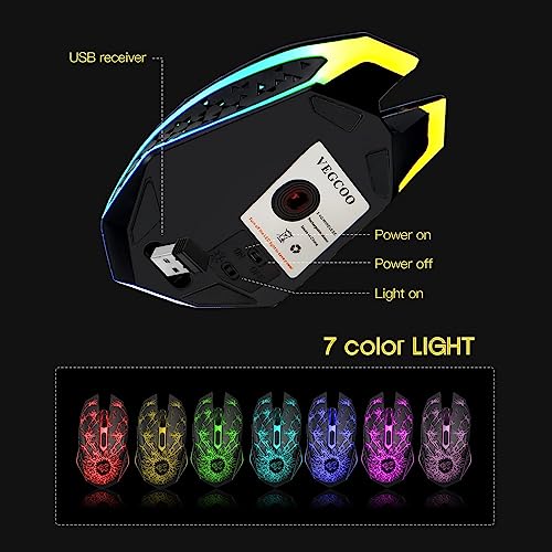 VEGCOO Wireless Gaming Mouse, Rechargeable Gaming Mouse, Silent Optical Mice with 2.4G USB Receiver, 3 Level DPI, 6 Buttons, 7 Colors LED Lights for PC/Mac Gamer, Laptop and Desktop - Image 3