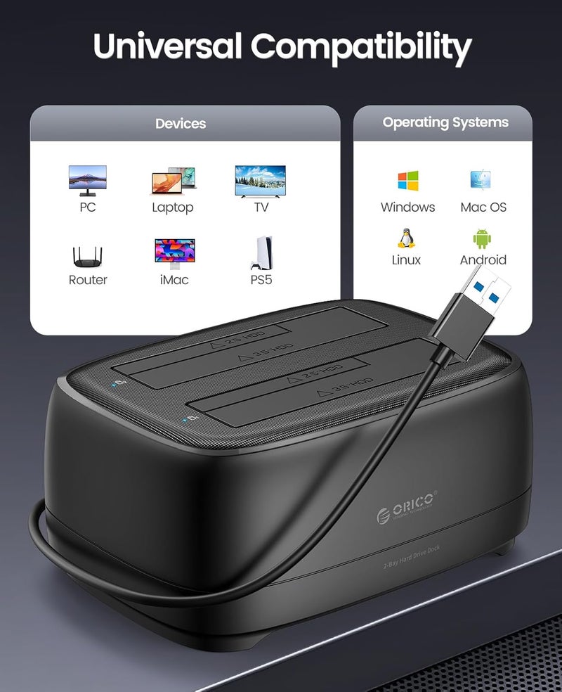 Orico External Hard Drive Dock Duplicator/Cloner SATA to USB C for 2.5”/3.5” Seagate Samsung WD Crucial SanDisk SSD HDD, Dual Drive Bay 36TB for PS5 Xbox PC Laptop Devices - Image 5