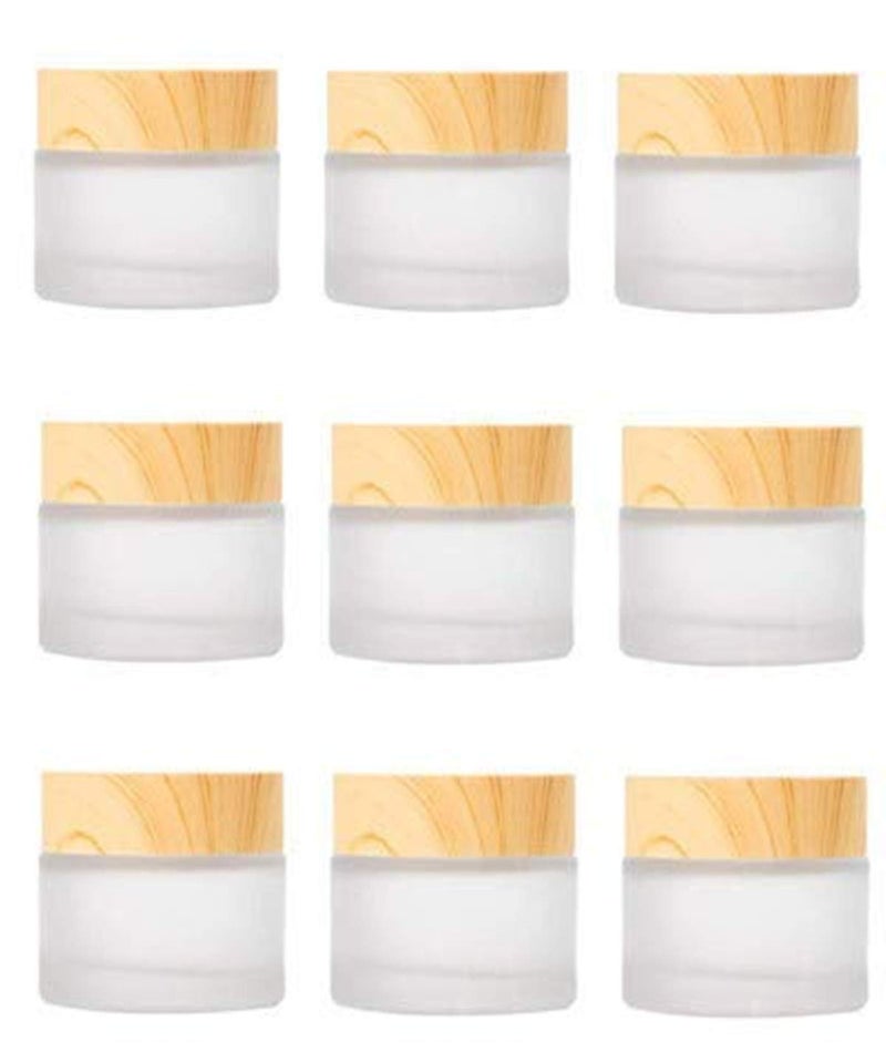 Healthcom 10 Pack 10 Grams/10 ML Empty Jars Round Frosted Glass Cosmetic Cream Jar Bottle with Wood Grain Lid Cosmetic Containers Refillable Glass Face Cream Box Pot for Makeup Lip Balms Eyeshadow