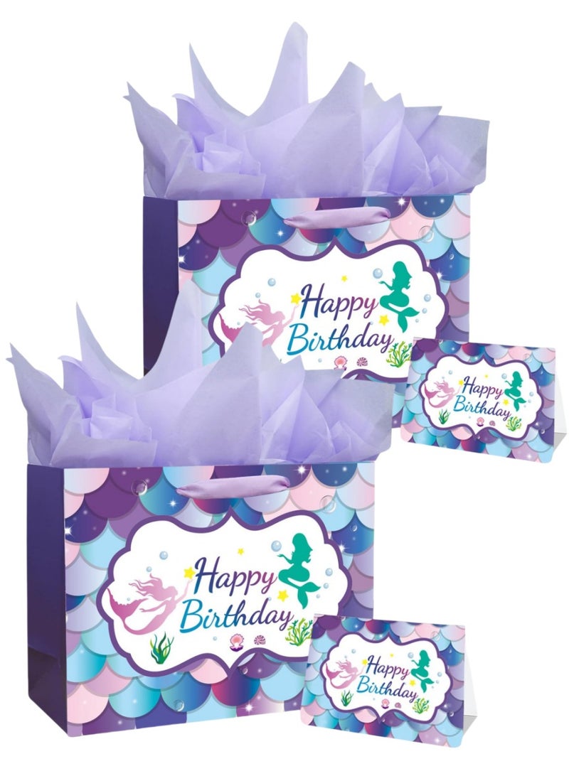 2 Pack 13" Happy Birthday Gift Bags Set with Cards & Tissue – Cute Purple Mermaid Party Favor Bags for Girls, Women, Kids - Image 1