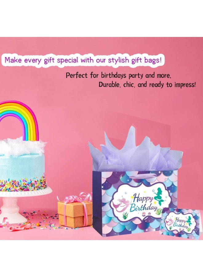 2 Pack 13" Happy Birthday Gift Bags Set with Cards & Tissue – Cute Purple Mermaid Party Favor Bags for Girls, Women, Kids - Image 5