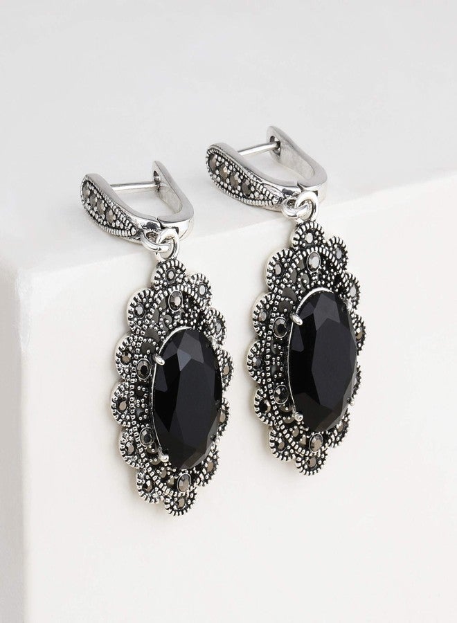 Mytys Black Marcasite Dangle Earrings for Women Retro Vintage Black Onyx Stone Drop Earring (oval flower) - Image 4
