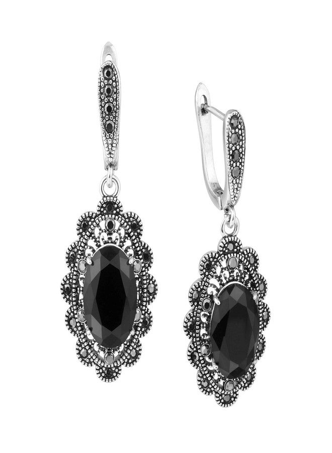 Mytys Black Marcasite Dangle Earrings for Women Retro Vintage Black Onyx Stone Drop Earring (oval flower) - Image 1