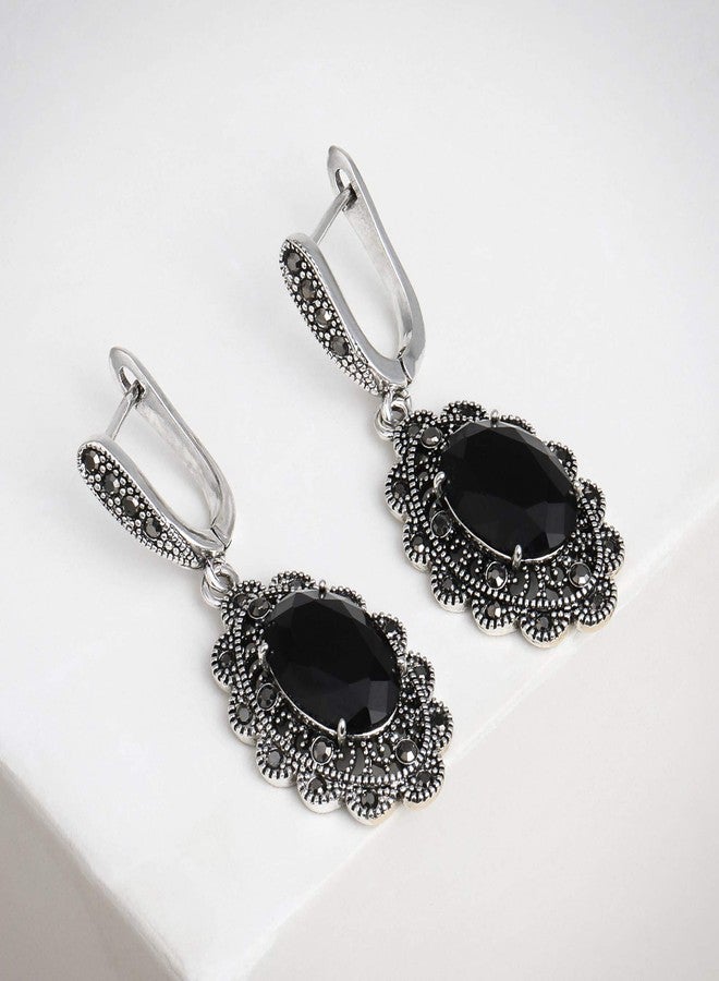 Mytys Black Marcasite Dangle Earrings for Women Retro Vintage Black Onyx Stone Drop Earring (oval flower) - Image 3