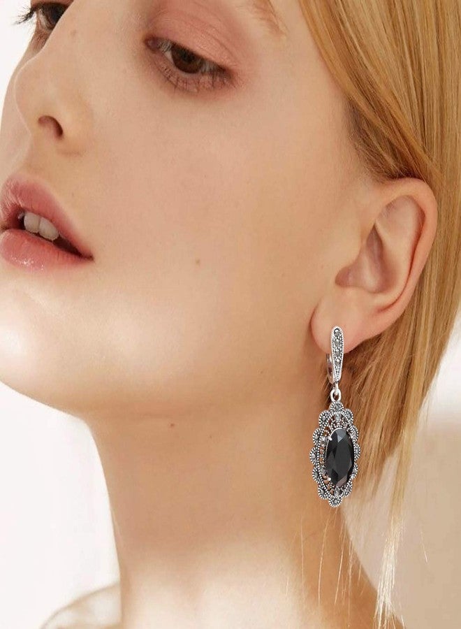 Mytys Black Marcasite Dangle Earrings for Women Retro Vintage Black Onyx Stone Drop Earring (oval flower) - Image 5