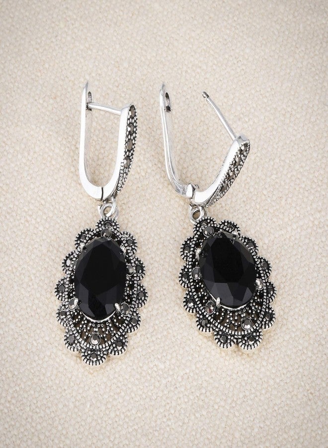 Mytys Black Marcasite Dangle Earrings for Women Retro Vintage Black Onyx Stone Drop Earring (oval flower) - Image 2