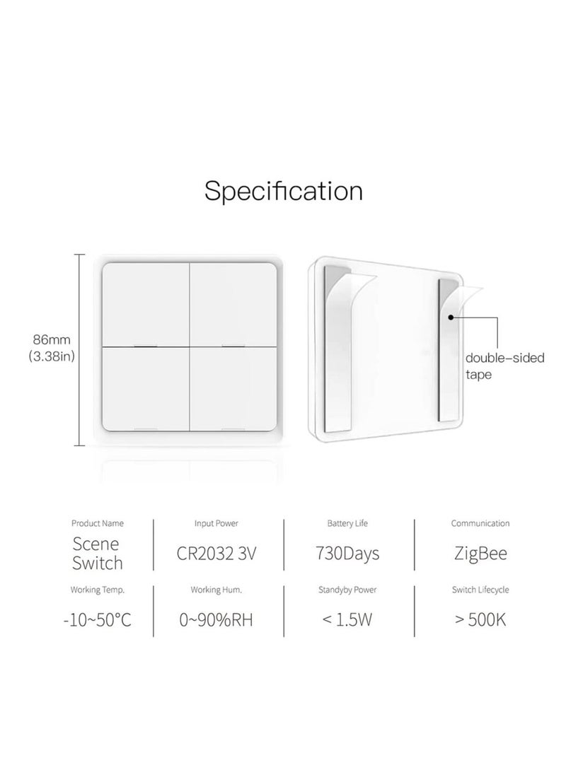 Generic - Wireless Smart Scene Switch Button, Connection Tuya Battery Powered Included 12 Scene Controller Light Switch, Smart DIY Control, No Wiring Required, for Smart Home Automation 4 Gang (White) - Image 1