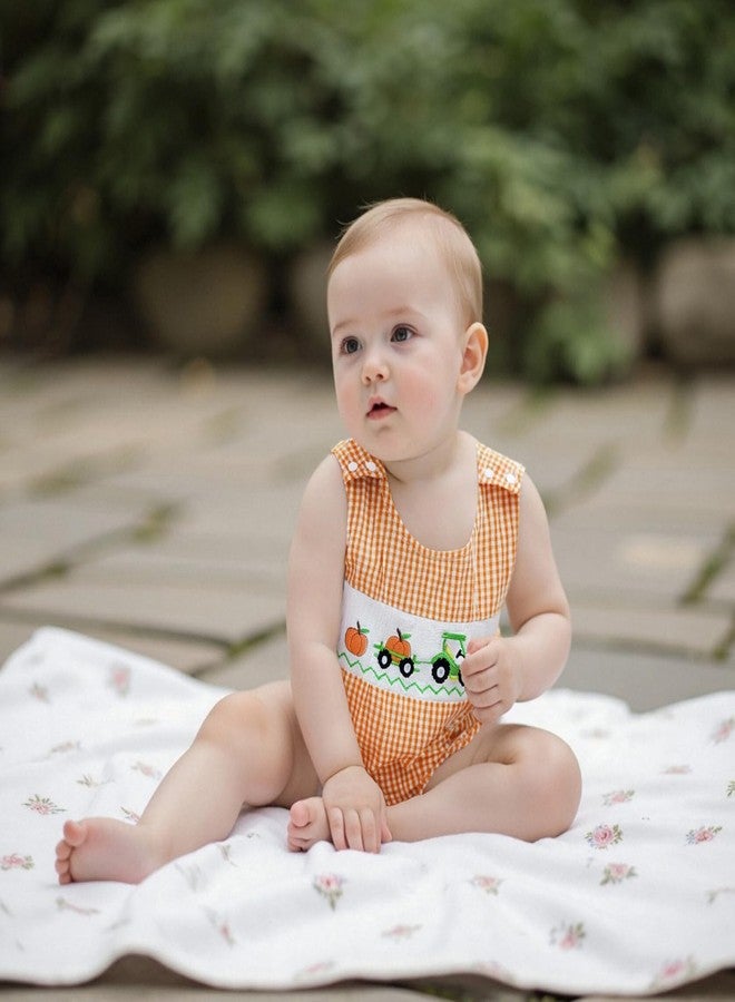 Mobbdow Newborn Baby Boy Halloween Outfit Pumpkin Truck/Tractor Embroidered Smocked Bubble Romper Sleeveless Plaid Bodysuit (A-Orange, 0-3 Months) - Image 3