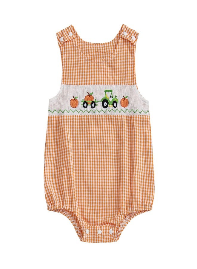 Mobbdow Newborn Baby Boy Halloween Outfit Pumpkin Truck/Tractor Embroidered Smocked Bubble Romper Sleeveless Plaid Bodysuit (A-Orange, 0-3 Months) - Image 1