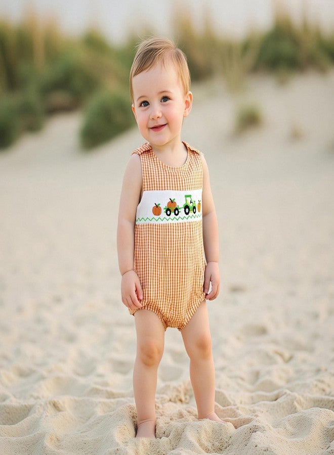 Mobbdow Newborn Baby Boy Halloween Outfit Pumpkin Truck/Tractor Embroidered Smocked Bubble Romper Sleeveless Plaid Bodysuit (A-Orange, 0-3 Months) - Image 2