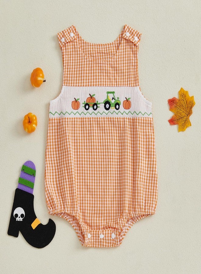 Mobbdow Newborn Baby Boy Halloween Outfit Pumpkin Truck/Tractor Embroidered Smocked Bubble Romper Sleeveless Plaid Bodysuit (A-Orange, 0-3 Months) - Image 5