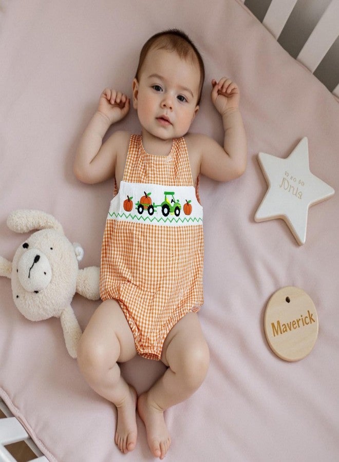 Mobbdow Newborn Baby Boy Halloween Outfit Pumpkin Truck/Tractor Embroidered Smocked Bubble Romper Sleeveless Plaid Bodysuit (A-Orange, 0-3 Months) - Image 4