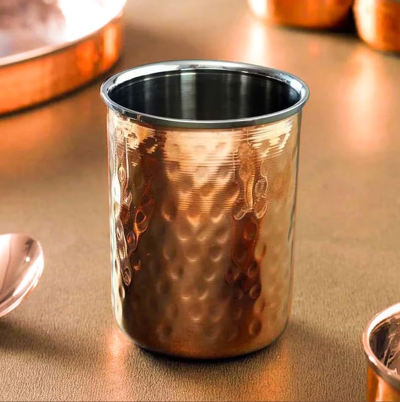 Spillbox Stainless Steel Copper Hammered Dinner Thali Set of 6 Pieces|Tableware Set|Dinnerware|Serving Thali Set|Bowls Glass and Spoons- Copper Dinner Thali Set - Image 3