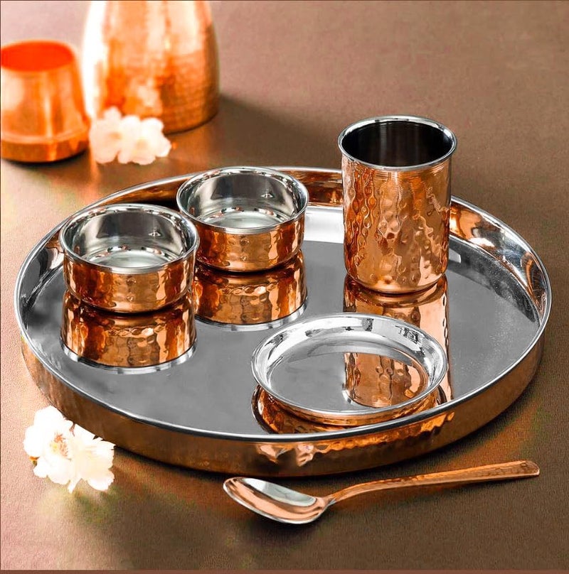 Spillbox Stainless Steel Copper Hammered Dinner Thali Set of 6 Pieces|Tableware Set|Dinnerware|Serving Thali Set|Bowls Glass and Spoons- Copper Dinner Thali Set - Image 1