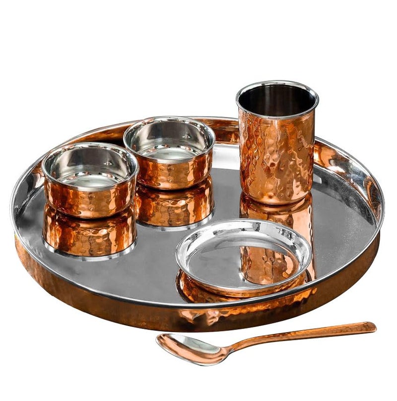 Spillbox Stainless Steel Copper Hammered Dinner Thali Set of 6 Pieces|Tableware Set|Dinnerware|Serving Thali Set|Bowls Glass and Spoons- Copper Dinner Thali Set - Image 2