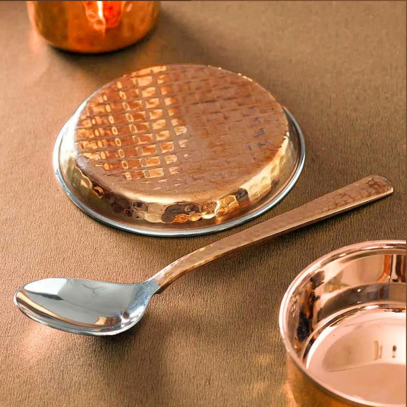 Spillbox Stainless Steel Copper Hammered Dinner Thali Set of 6 Pieces|Tableware Set|Dinnerware|Serving Thali Set|Bowls Glass and Spoons- Copper Dinner Thali Set - Image 4