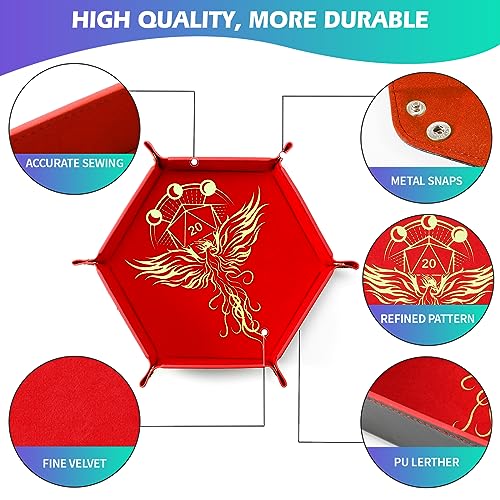 Grajar 2 Pcs Portable Folding Dice Rolling Tray Set for RPG DND Table Games - PU Leather and Velvet Holder Storage Box - Dragon and Phoenix - Image 2
