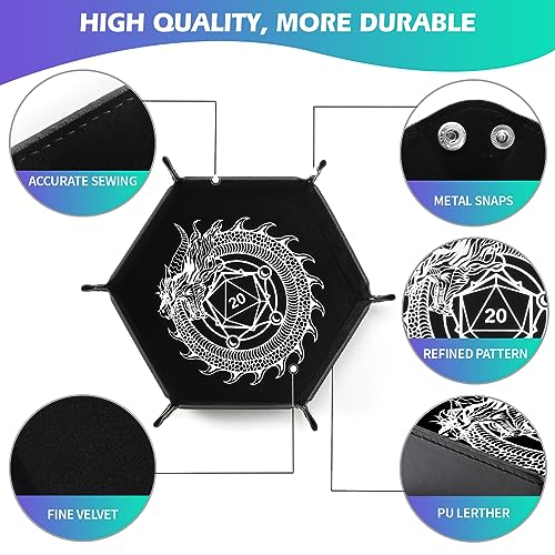 Grajar 2 Pcs Portable Folding Dice Rolling Tray Set for RPG DND Table Games - PU Leather and Velvet Holder Storage Box - Dragon and Phoenix - Image 3