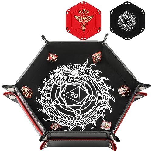 Grajar 2 Pcs Portable Folding Dice Rolling Tray Set for RPG DND Table Games - PU Leather and Velvet Holder Storage Box - Dragon and Phoenix - Image 1