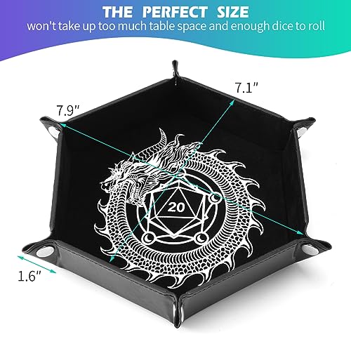 Grajar 2 Pcs Portable Folding Dice Rolling Tray Set for RPG DND Table Games - PU Leather and Velvet Holder Storage Box - Dragon and Phoenix - Image 4